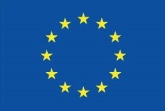 EU logo, blue background with yellow stars in a circle